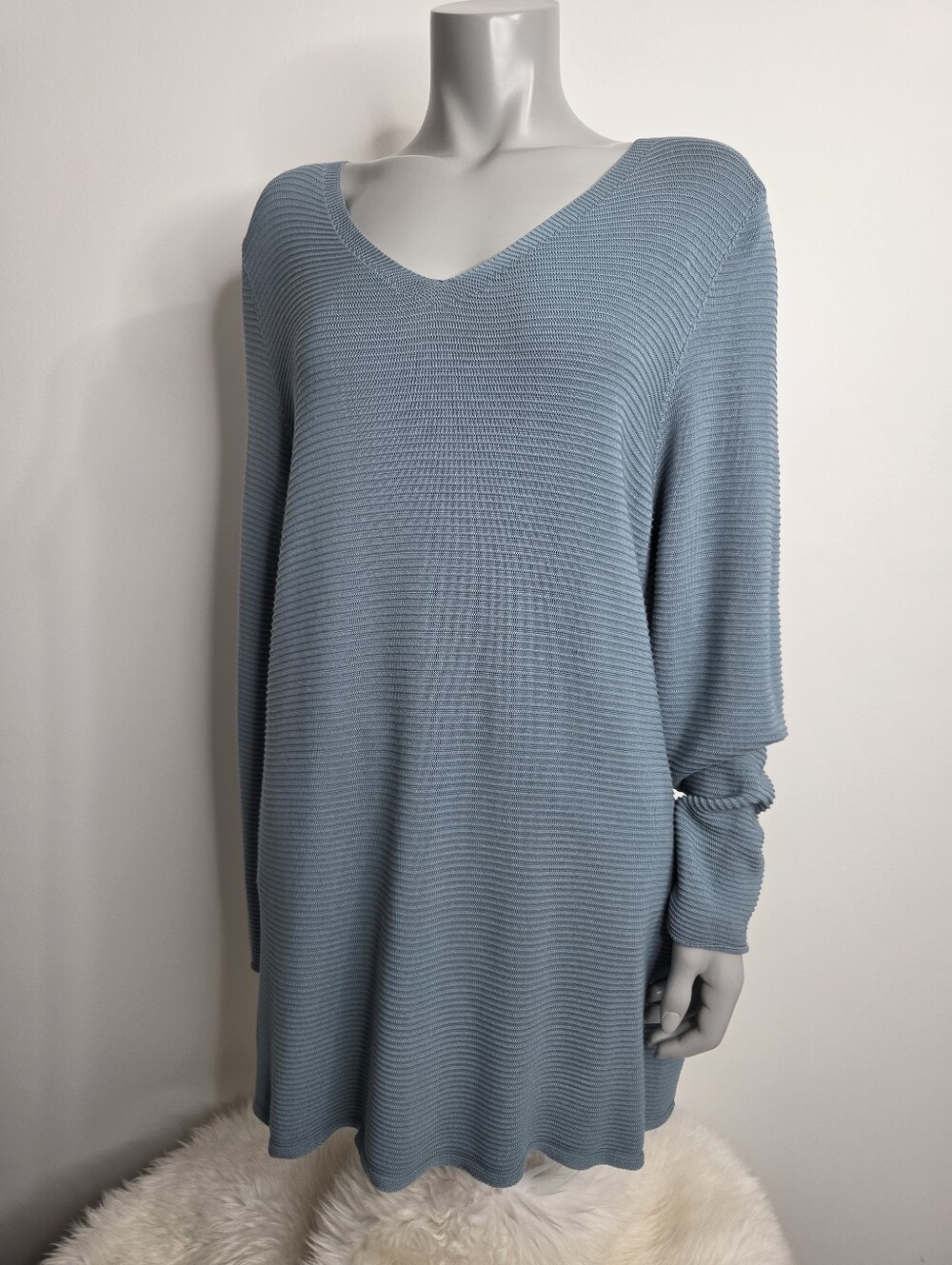 Eileen Fisher Size XL Tencel Ribbed V-Neck Tunic Sweater in Slate Blue